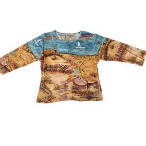 Vintage Take Two Shirt Top Wearable Art Sequin Sailboat Beach Womens XL